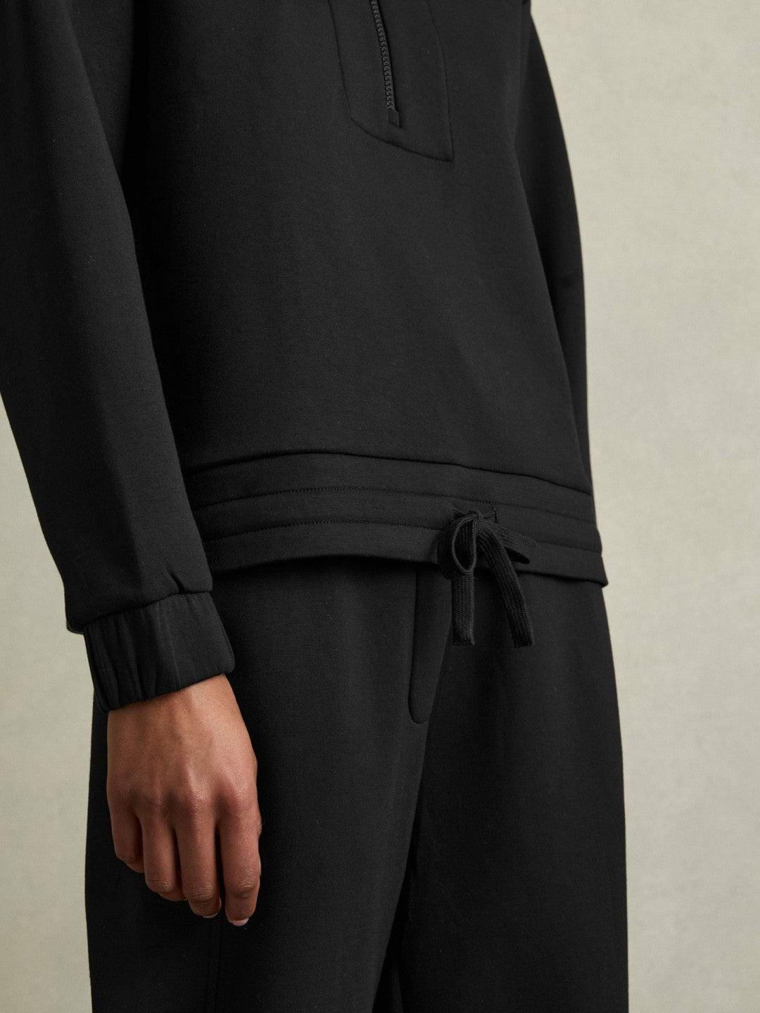 Interlock Half-Zip Drawstring-Hem Sweatshirt in Black | Reiss Women Premium