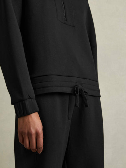 Interlock Half-Zip Drawstring-Hem Sweatshirt in Black | Reiss Women Premium