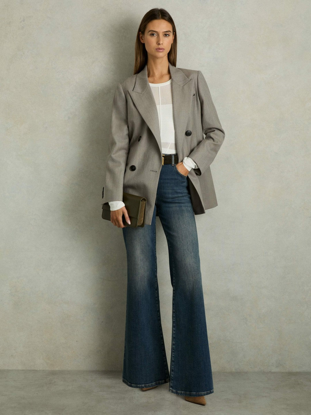 Wool Oversized Double-Breasted Blazer in Grey | Reiss Women Recommended
