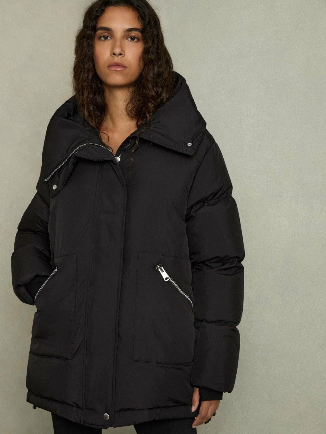 Petite Concealed-Hood Puffer Coat in Black | Reiss Women Featured