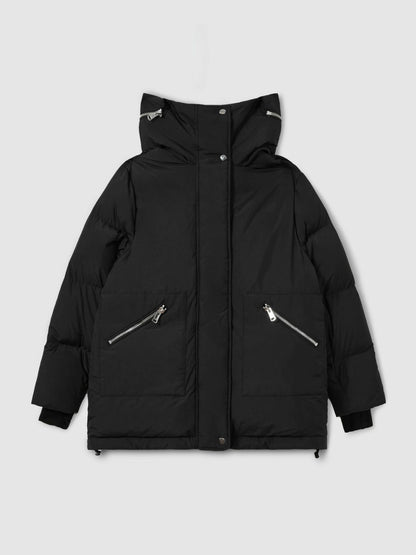 Petite Concealed-Hood Puffer Coat in Black | Reiss Women Featured