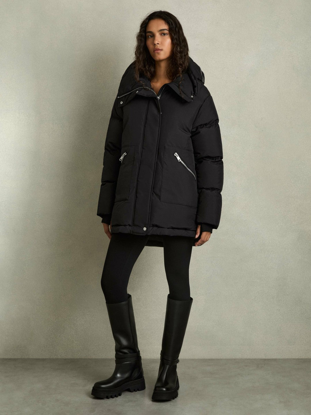 Petite Concealed-Hood Puffer Coat in Black | Reiss Women Featured