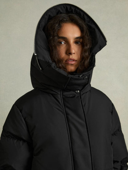 Petite Concealed-Hood Puffer Coat in Black | Reiss Women Featured