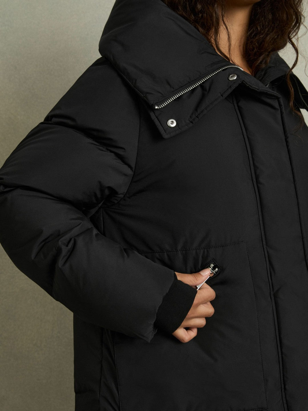 Petite Concealed-Hood Puffer Coat in Black | Reiss Women Featured