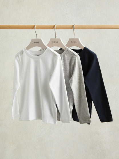 3-9 yrs Cotton Jersey Long Sleeve T-Shirts 3 Pack in White/Soft Grey/Navy | Reiss Children & Baby Featured