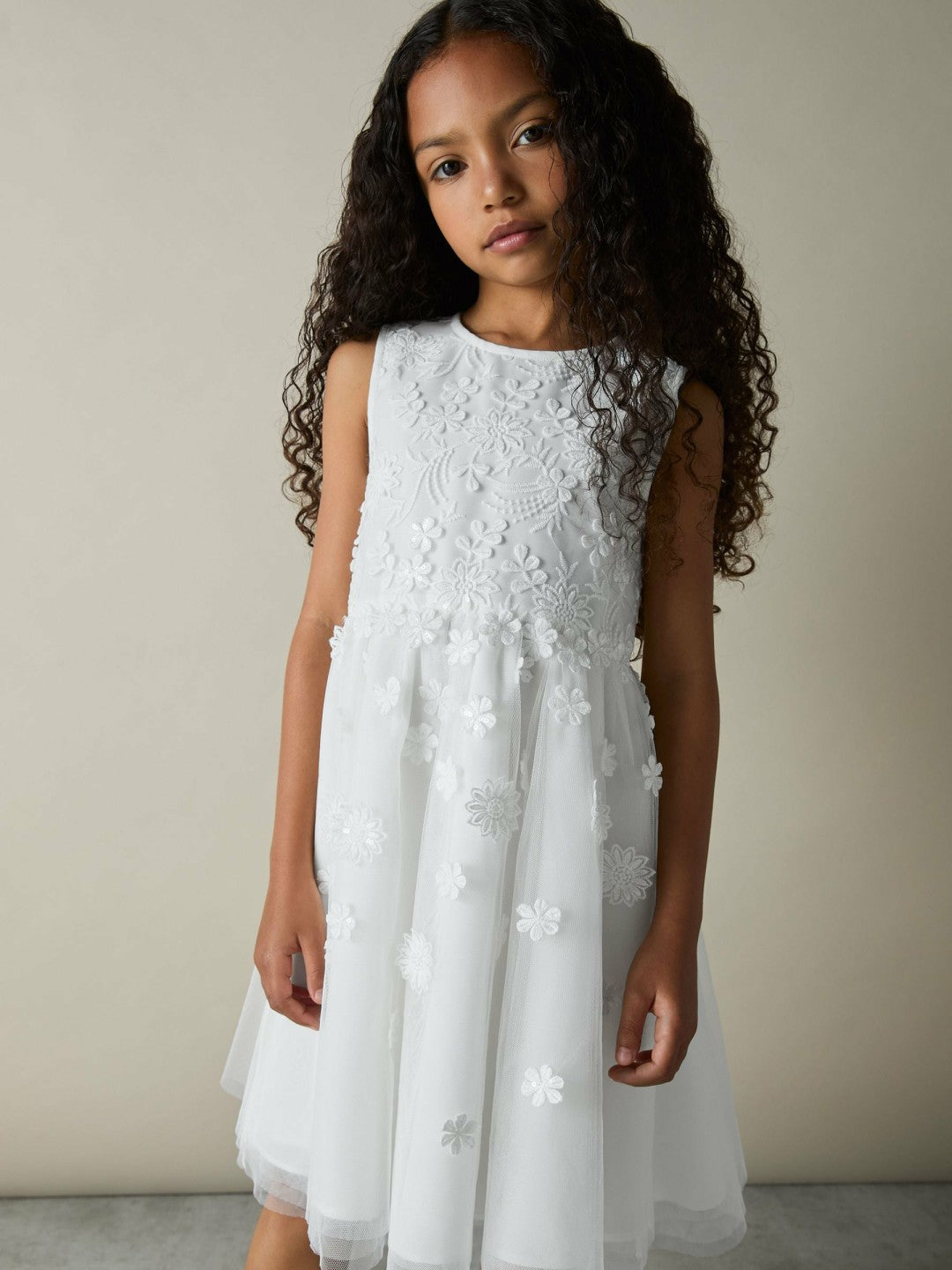 13-14 yrs Tulle Floral-Embroidered Bridesmaid Dress in Ivory | Reiss Children & Baby Exclusive