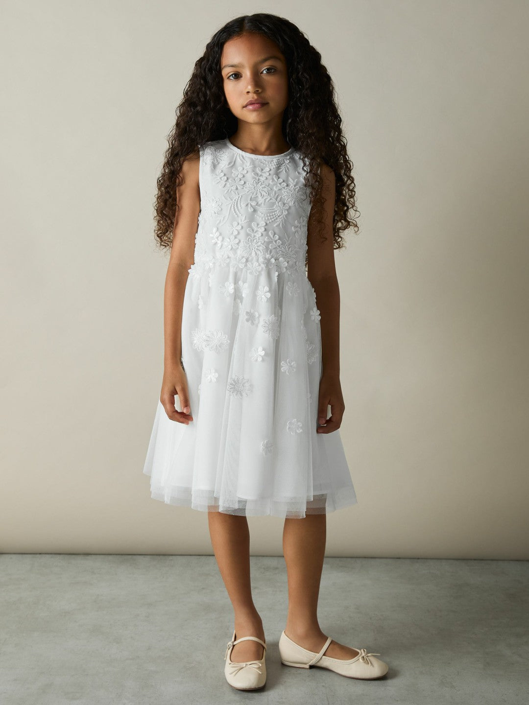 4-9 yrs Tulle Floral-Embroidered Bridesmaid Dress in Ivory | Reiss Children & Baby Best Seller