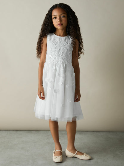 4-9 yrs Tulle Floral-Embroidered Bridesmaid Dress in Ivory | Reiss Children & Baby Best Seller