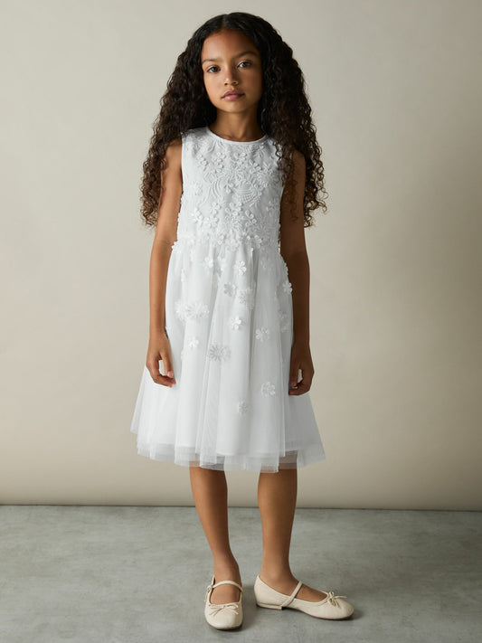 4-9 yrs Tulle Floral-Embroidered Bridesmaid Dress in Ivory | Reiss Children & Baby Best Seller