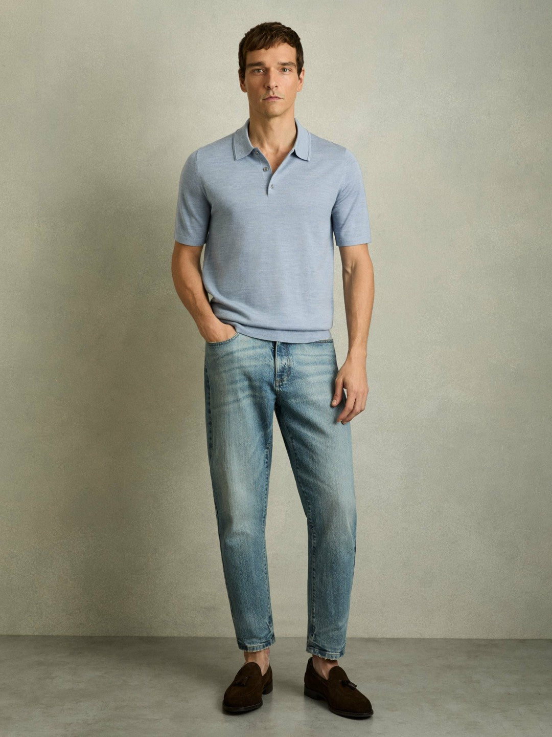 Merino Wool Polo Shirt in Soft Blue | Reiss Men Premium