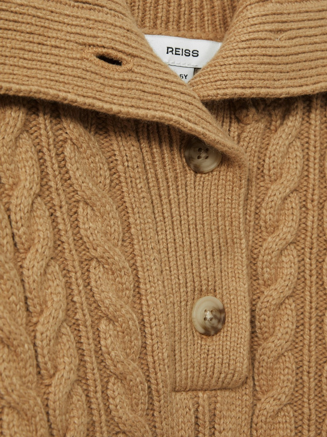 13-14 yrs Cotton-Blend Open-Collar Cable-Knit Jumper With Wool in Camel | Reiss Children & Baby New