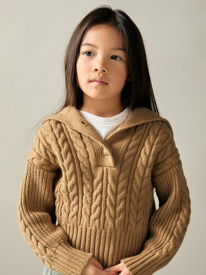4-9 yrs Cotton-Blend Open-Collar Cable-Knit Jumper With Wool in Camel | Reiss Children & Baby New