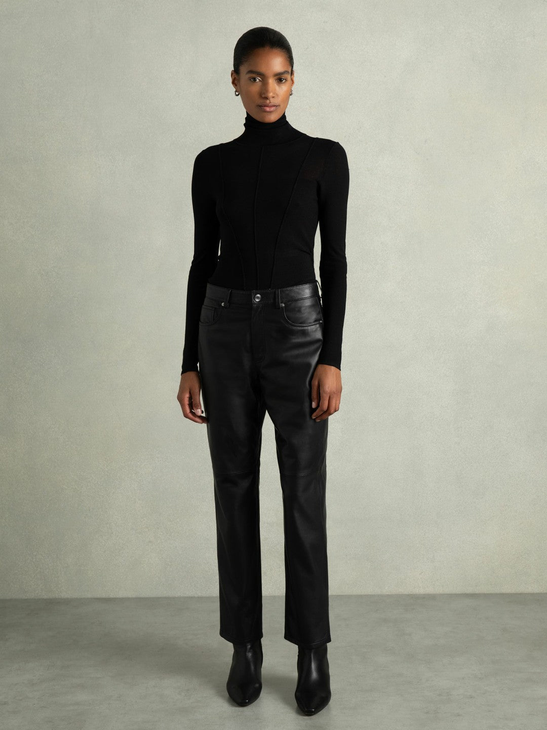 Leather Slim-Leg Trousers in Black | Reiss Women New
