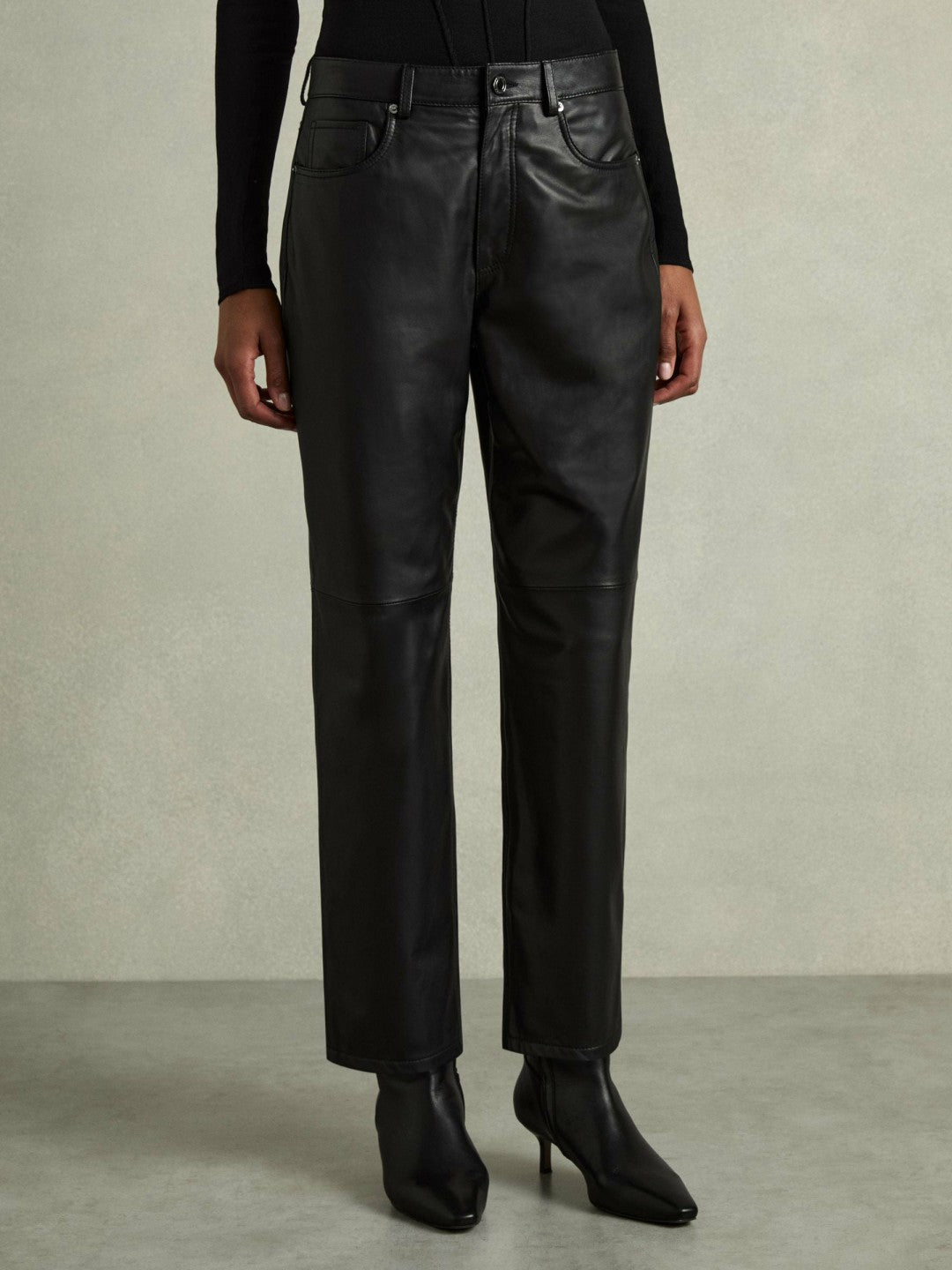 Leather Slim-Leg Trousers in Black | Reiss Women New