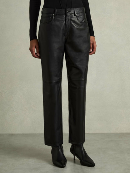 Leather Slim-Leg Trousers in Black | Reiss Women New