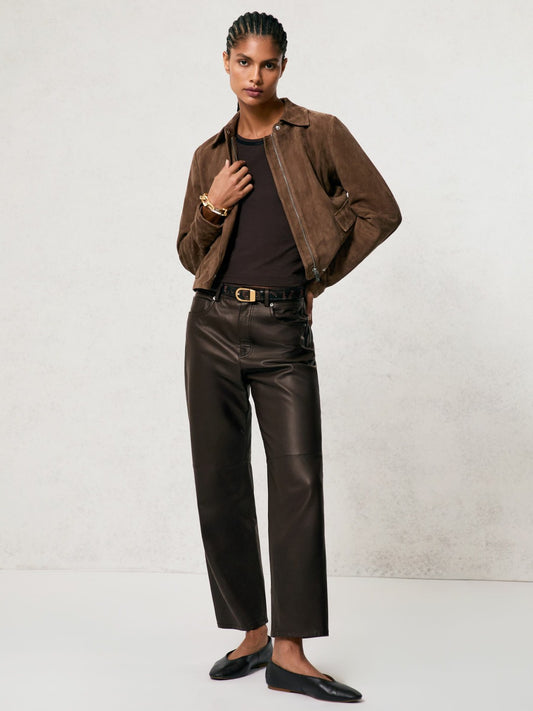 Leather Slim-Leg Trousers in Chocolate | Reiss Women Signature