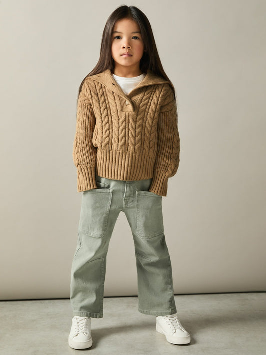 9-13 yrs Cotton-Blend Open-Collar Cable-Knit Jumper With Wool in Camel | Reiss Children & Baby New