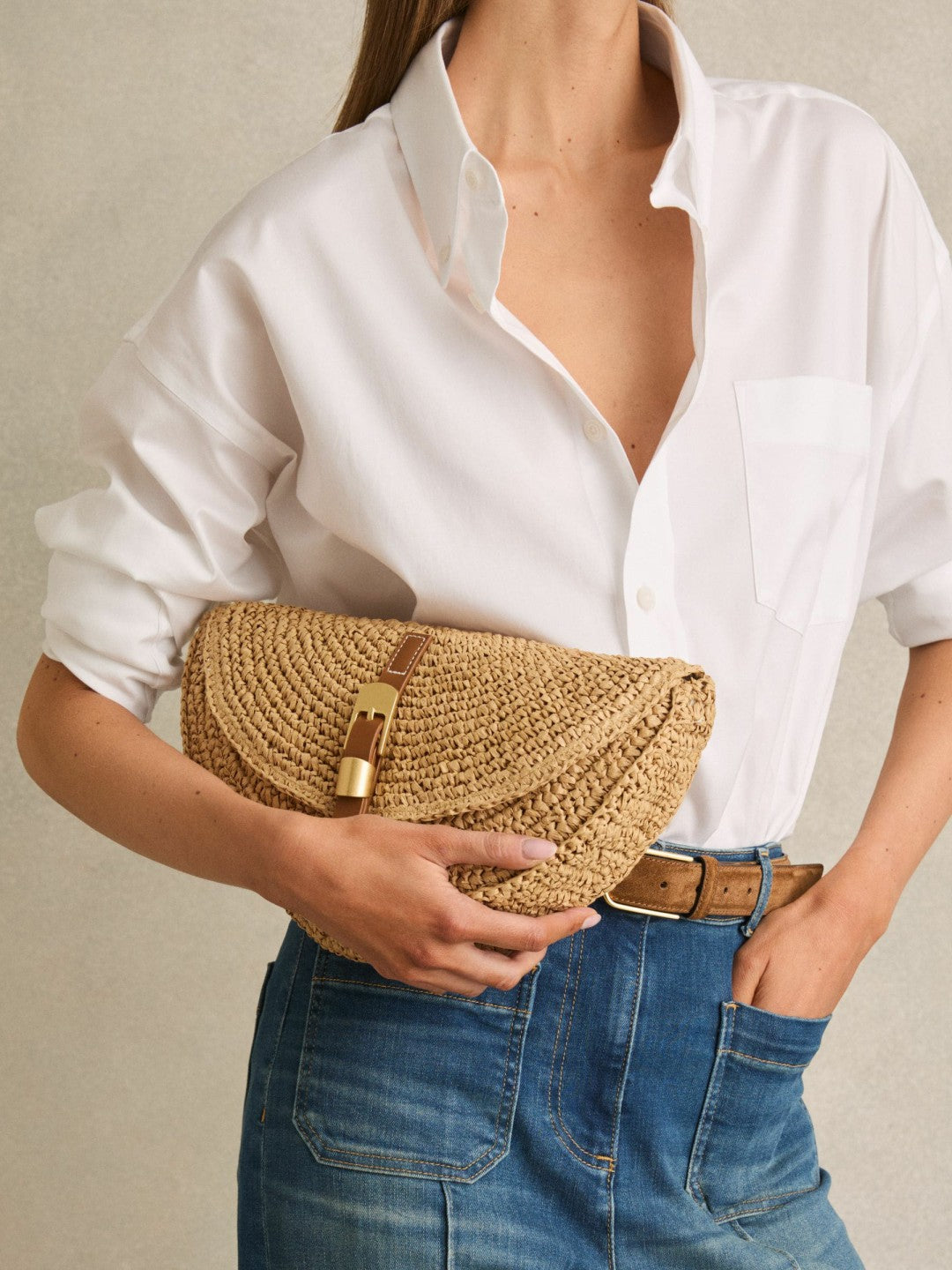Raffia Half-Moon Clutch Bag in Natural | Reiss Women Signature