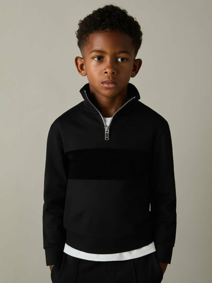 3-9 yrs Slim Fit Half-Zip Funnel Neck Velour Sweatshirt in Black | Reiss Children & Baby Exclusive