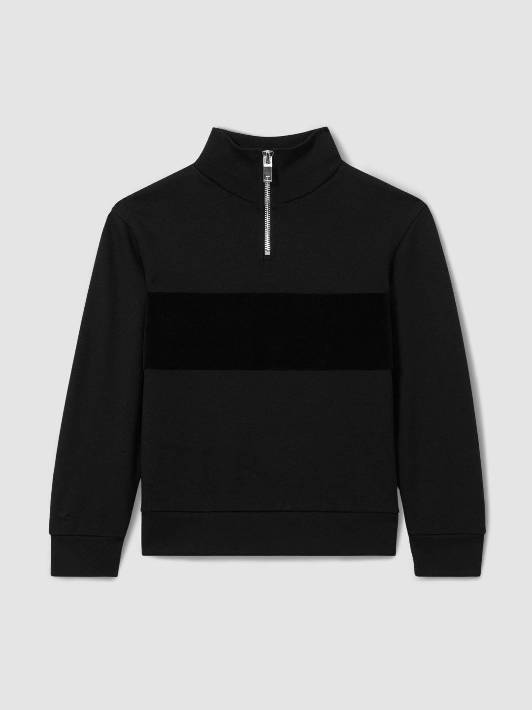 3-9 yrs Slim Fit Half-Zip Funnel Neck Velour Sweatshirt in Black | Reiss Children & Baby Exclusive