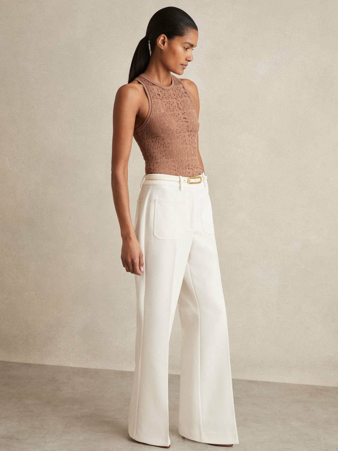 Twill Patch-Pocket Flared Trousers in Cream | Reiss Women Trending