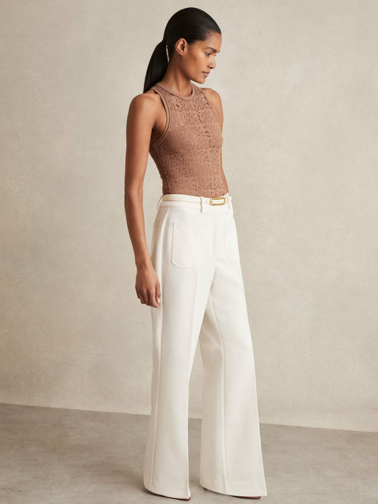 Twill Patch-Pocket Flared Trousers in Cream | Reiss Women Trending