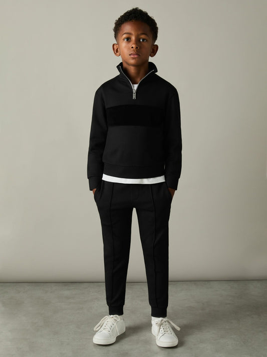 9-13 yrs Slim Fit Half-Zip Funnel Neck Velour Sweatshirt in Black | Reiss Children & Baby Premium
