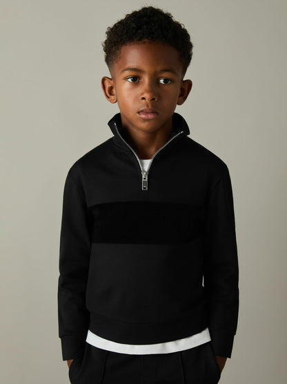 9-13 yrs Slim Fit Half-Zip Funnel Neck Velour Sweatshirt in Black | Reiss Children & Baby Premium