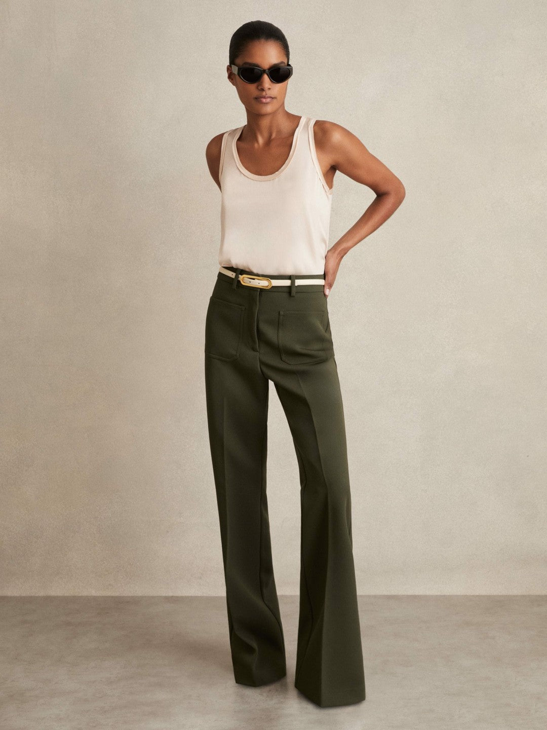 Twill Patch-Pocket Flared Trousers in Green | Reiss Women Recommended