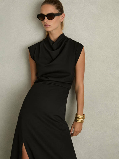 Twill-Jersey Draped Midi Dress in Black | Reiss Women Best Seller