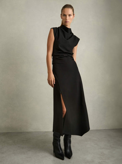 Twill-Jersey Draped Midi Dress in Black | Reiss Women Best Seller