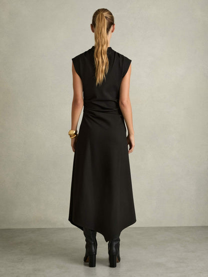 Twill-Jersey Draped Midi Dress in Black | Reiss Women Best Seller