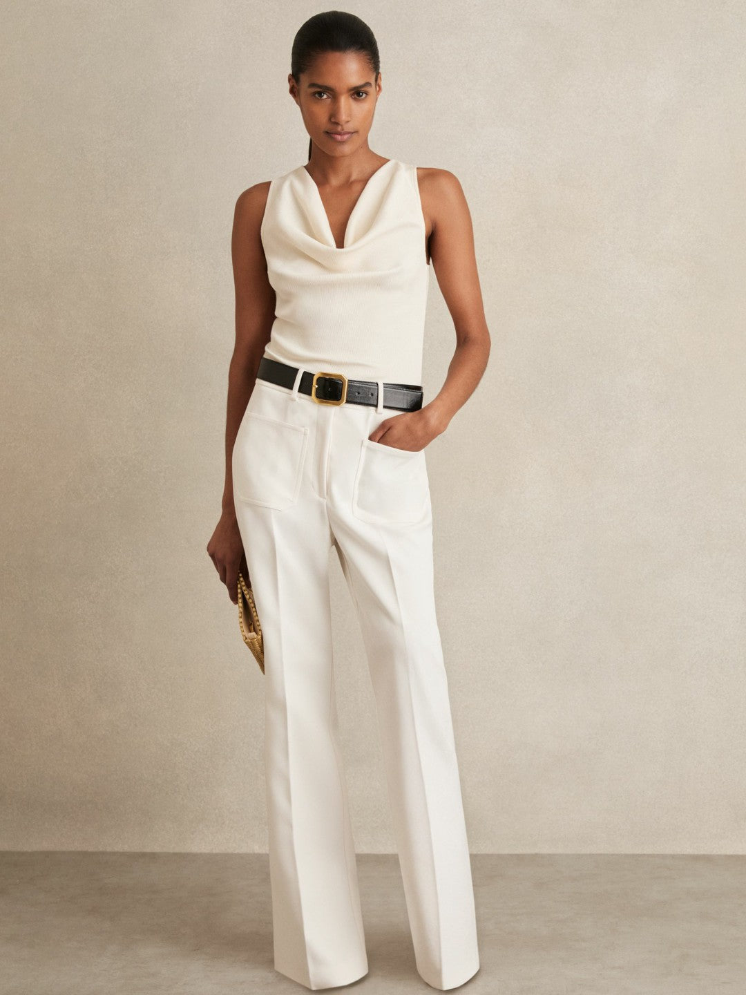 Petite Twill Patch-Pocket Flared Trousers in Cream | Reiss Women Popular