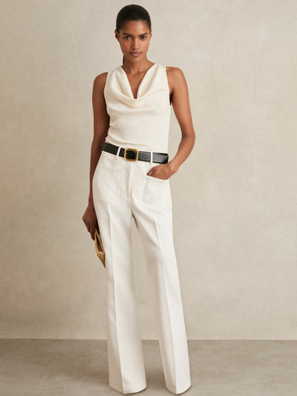 Petite Twill Patch-Pocket Flared Trousers in Cream | Reiss Women Popular