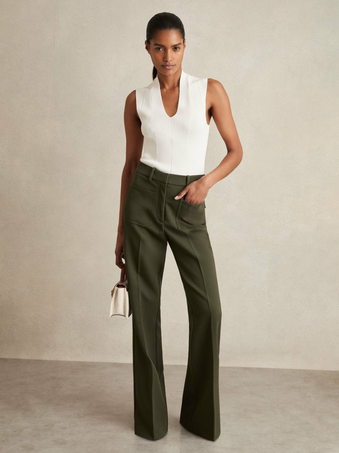 Petite Twill Patch-Pocket Flared Trousers in Green | Reiss Women Recommended