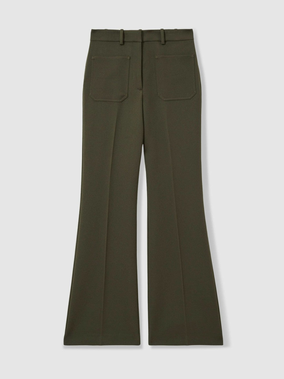 Petite Twill Patch-Pocket Flared Trousers in Green | Reiss Women Recommended