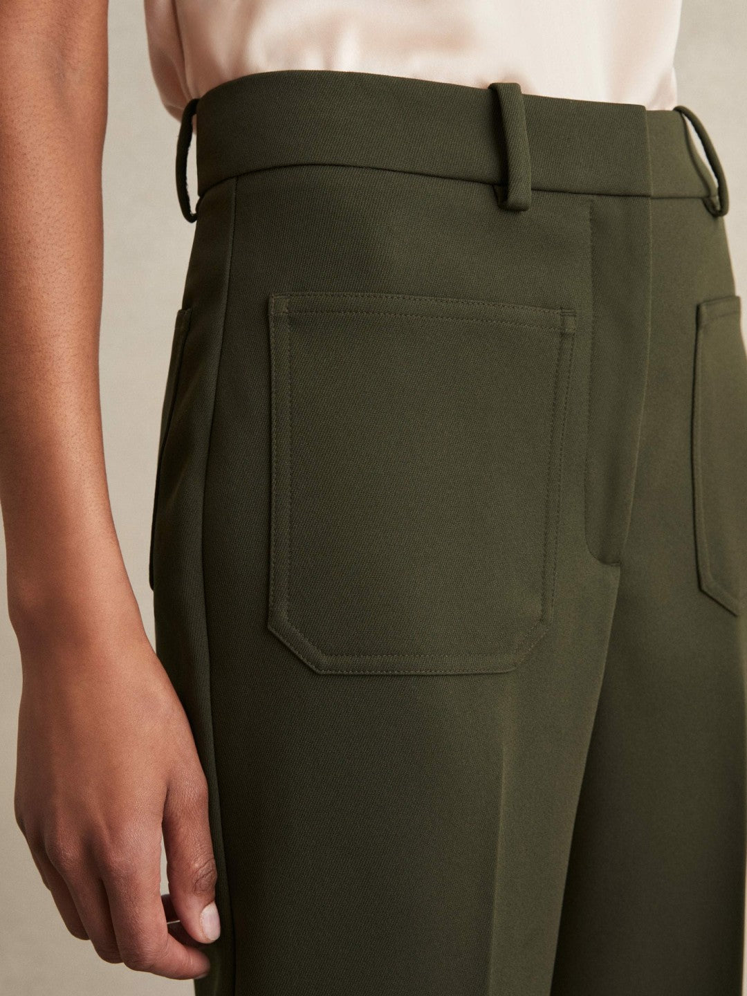 Petite Twill Patch-Pocket Flared Trousers in Green | Reiss Women Recommended