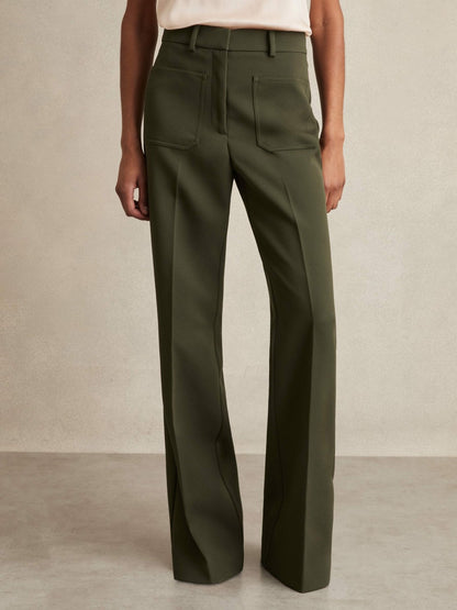 Petite Twill Patch-Pocket Flared Trousers in Green | Reiss Women Recommended