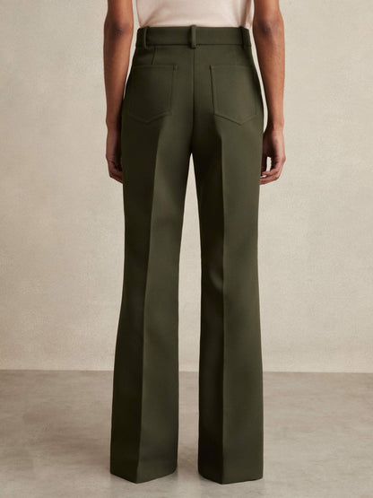 Petite Twill Patch-Pocket Flared Trousers in Green | Reiss Women Recommended
