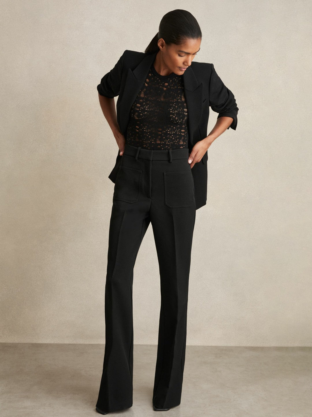 Petite Twill Patch-Pocket Flared Trousers in Black | Reiss Women Recommended