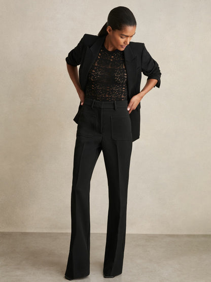 Petite Twill Patch-Pocket Flared Trousers in Black | Reiss Women Recommended