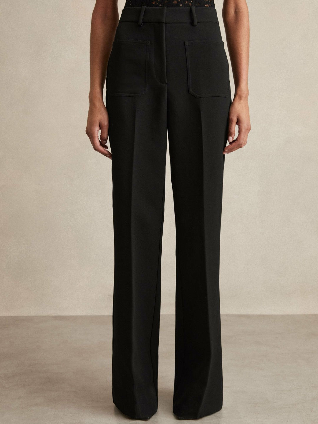 Petite Twill Patch-Pocket Flared Trousers in Black | Reiss Women Recommended