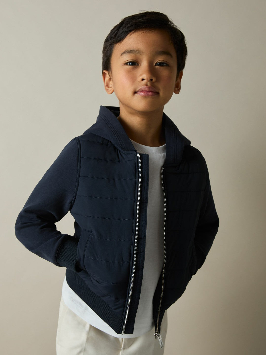 3-9 yrs Interlock Hybrid Hooded Puffer Jacket in Navy | Reiss Children & Baby Recommended