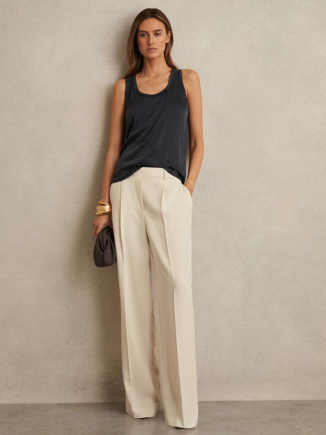 Elasticated-Waist Wide-Leg Twill Trousers in Cream | Reiss Women Recommended