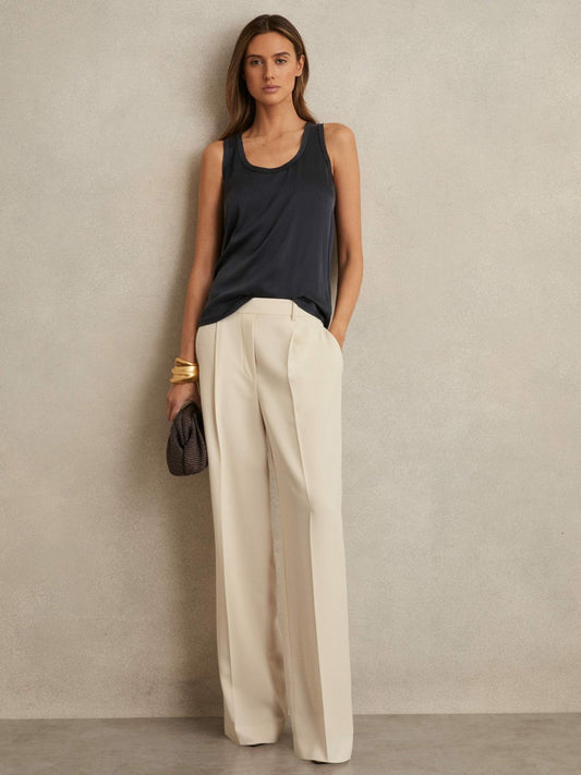 Elasticated-Waist Wide-Leg Twill Trousers in Cream | Reiss Women Recommended