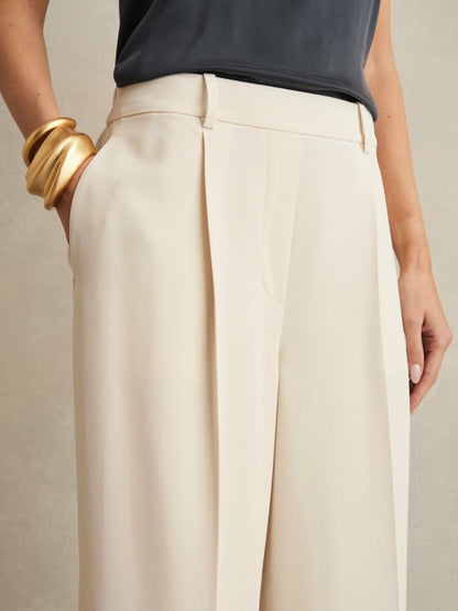 Elasticated-Waist Wide-Leg Twill Trousers in Cream | Reiss Women Recommended