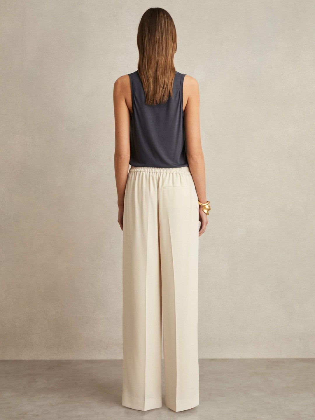 Elasticated-Waist Wide-Leg Twill Trousers in Cream | Reiss Women Recommended