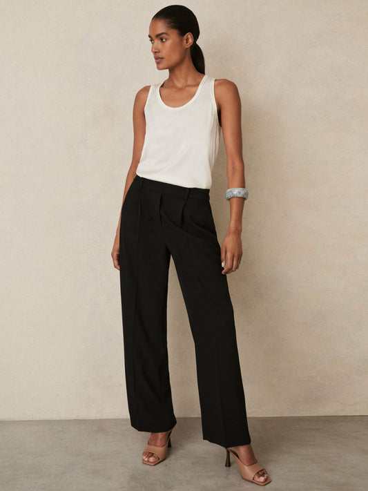 Elasticated-Waist Wide-Leg Twill Trousers in Black | Reiss Women Premium