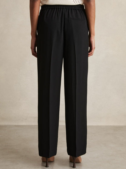Elasticated-Waist Wide-Leg Twill Trousers in Black | Reiss Women Premium
