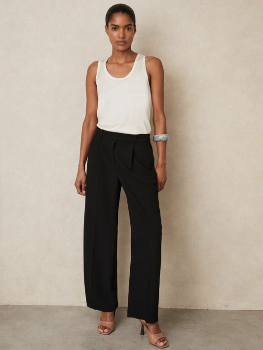 Petite Elasticated-Waist Wide-Leg Twill Trousers in Black | Reiss Women Featured